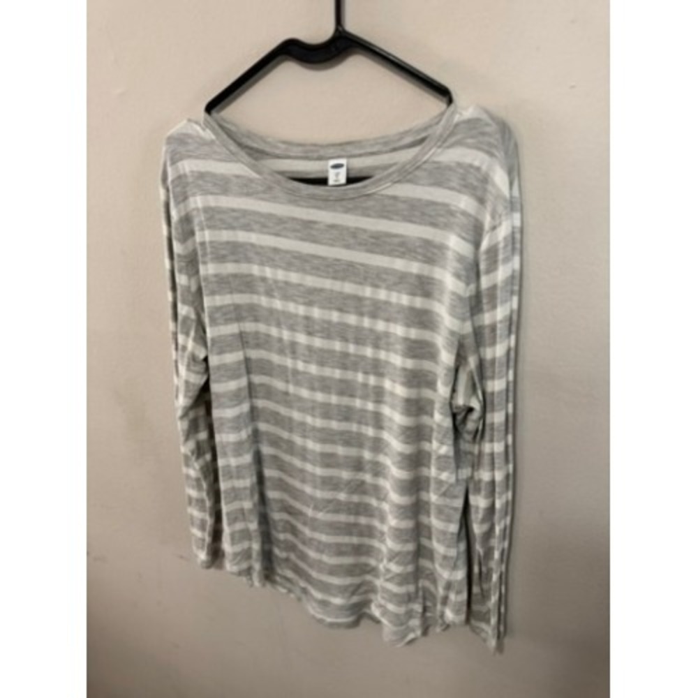 Old Navy Luxe Womens XL Grey White Striped Long Sleeve Scoop Neck T-Shirt Top
